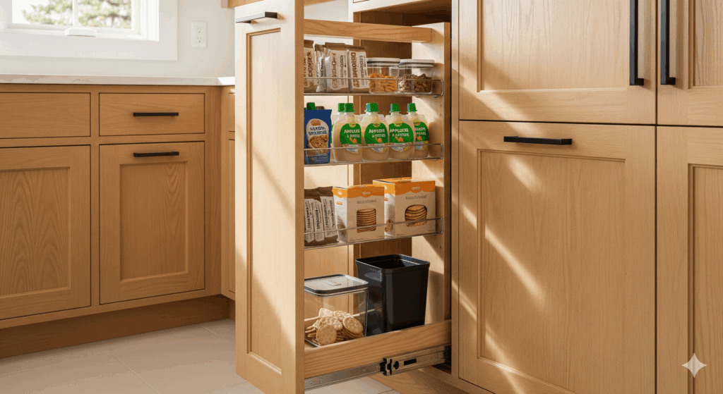 Voth Cabinetry Pantry pull-outs for grab-and-go snacks